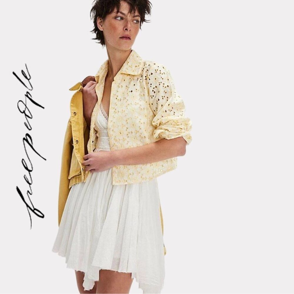 Free People Dream a Little Dream White & Yellow Eyelet Top Sz XS NWOT